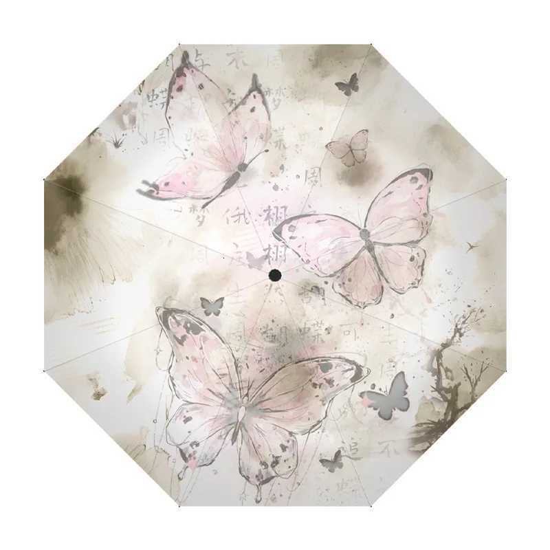 UV Protection Automatic Folding Umbrella Chinese Style Black Glue Sun Umbrella Sunshade Rain and Sun Dual Use for Daily Outdoor R250724