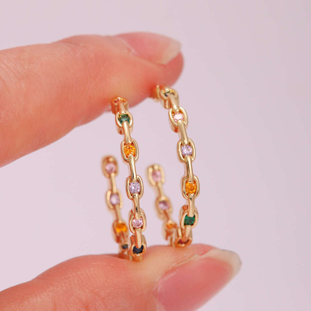 French Fashion C-Shaped Full for Women, Colorful Dia INS Style Micro Pave Zirconia Luxurious Simple Hoop Earrings with Real Gold Plating