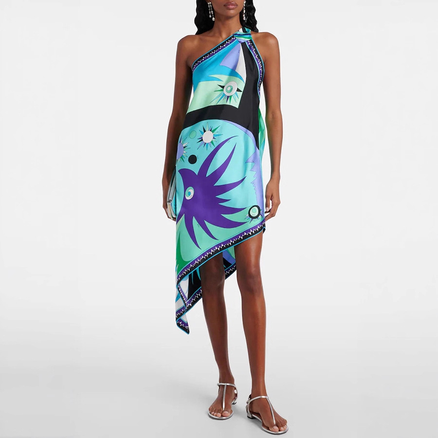 G723New European and American spring and summer satin positioning print off-shoulder dress