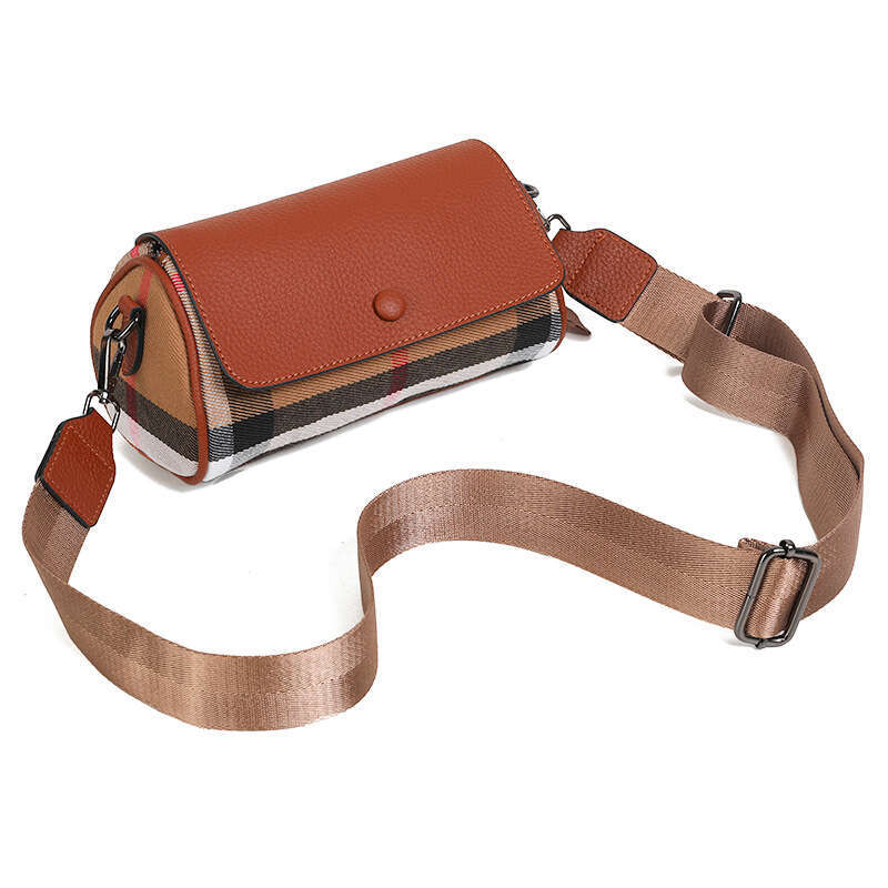 Plaid with Genuine Leather Flap Brown Cylindrical Women's New Simple Versatile Shoulder Crossbody Bag