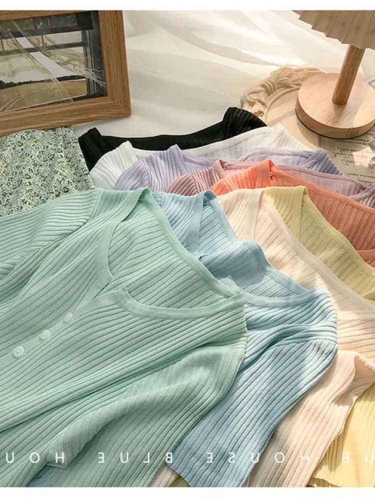 Thin Cardigan for Women Summer Cropped Cardigan Button V Neck Short Sleeve Knitted Top Slim Sweater Tops Womens Knitwear 2024 X250724