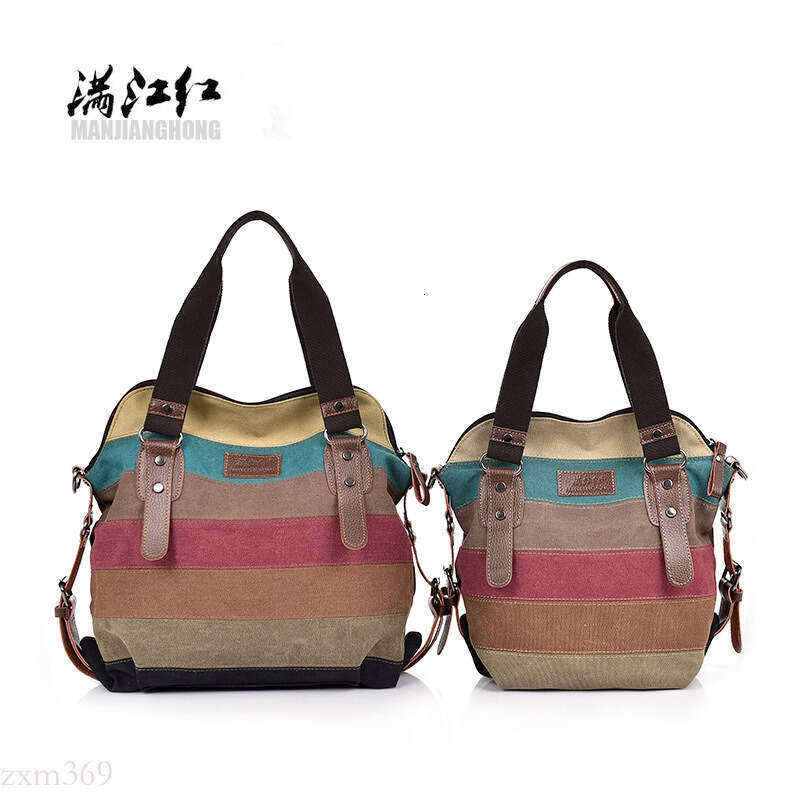 2024 New Canvas Handbag Women Rainbow Stitching Large Capacity Crossbody Shoulder Bag