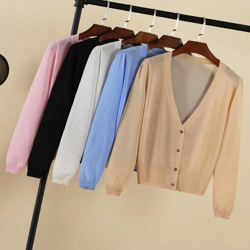 Summer Cardigan Women V-neck Blouses Crochet Top Clothing Cropped Button-down Outerwear Cute Knitted Ladies Sweaters Black Basic X250724