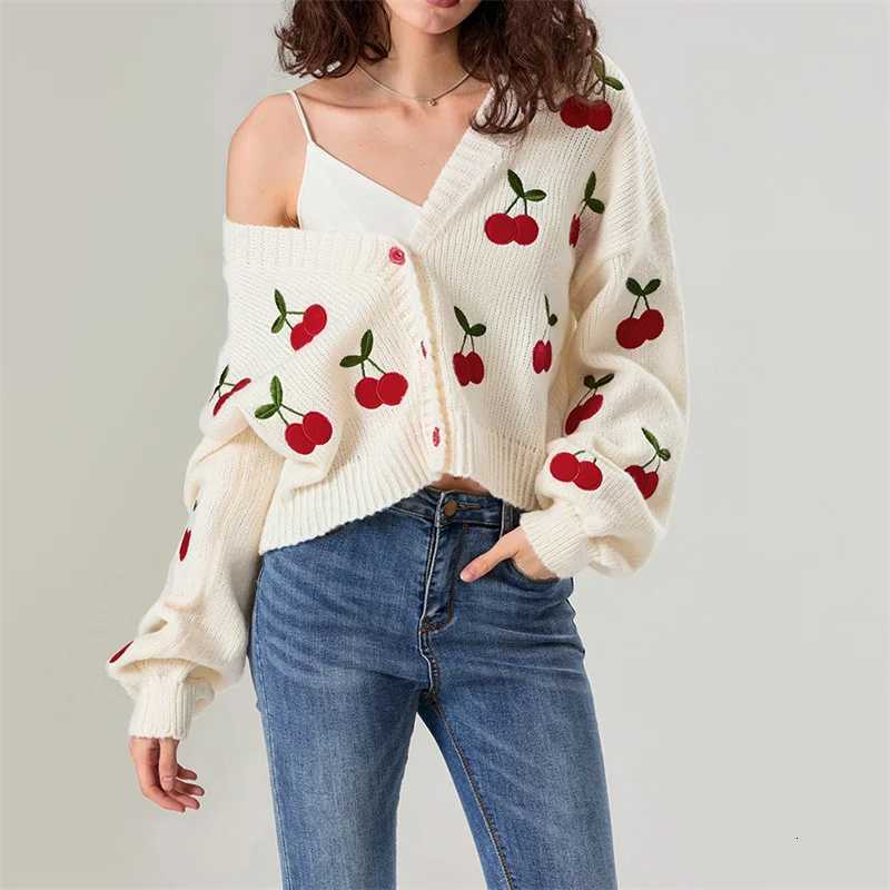 2024 Winter Fashion Patchwork Long Sleeve Short Cardigan Women Y2K Embroidery Cherry Cardigan Street Casual Knitwear Sweater X250724