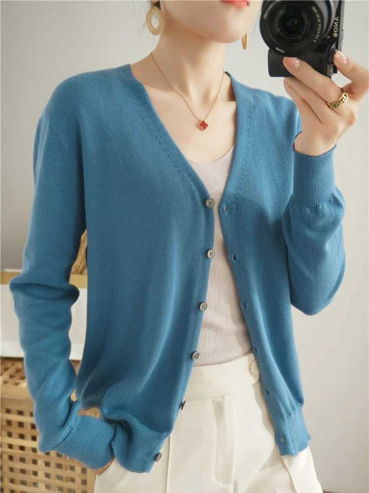 100% Cotton Long Sleeve V-Neck Knitted Cardigan Women Loose Short Solid Color Simple Sun Protection SMY K61 X250724