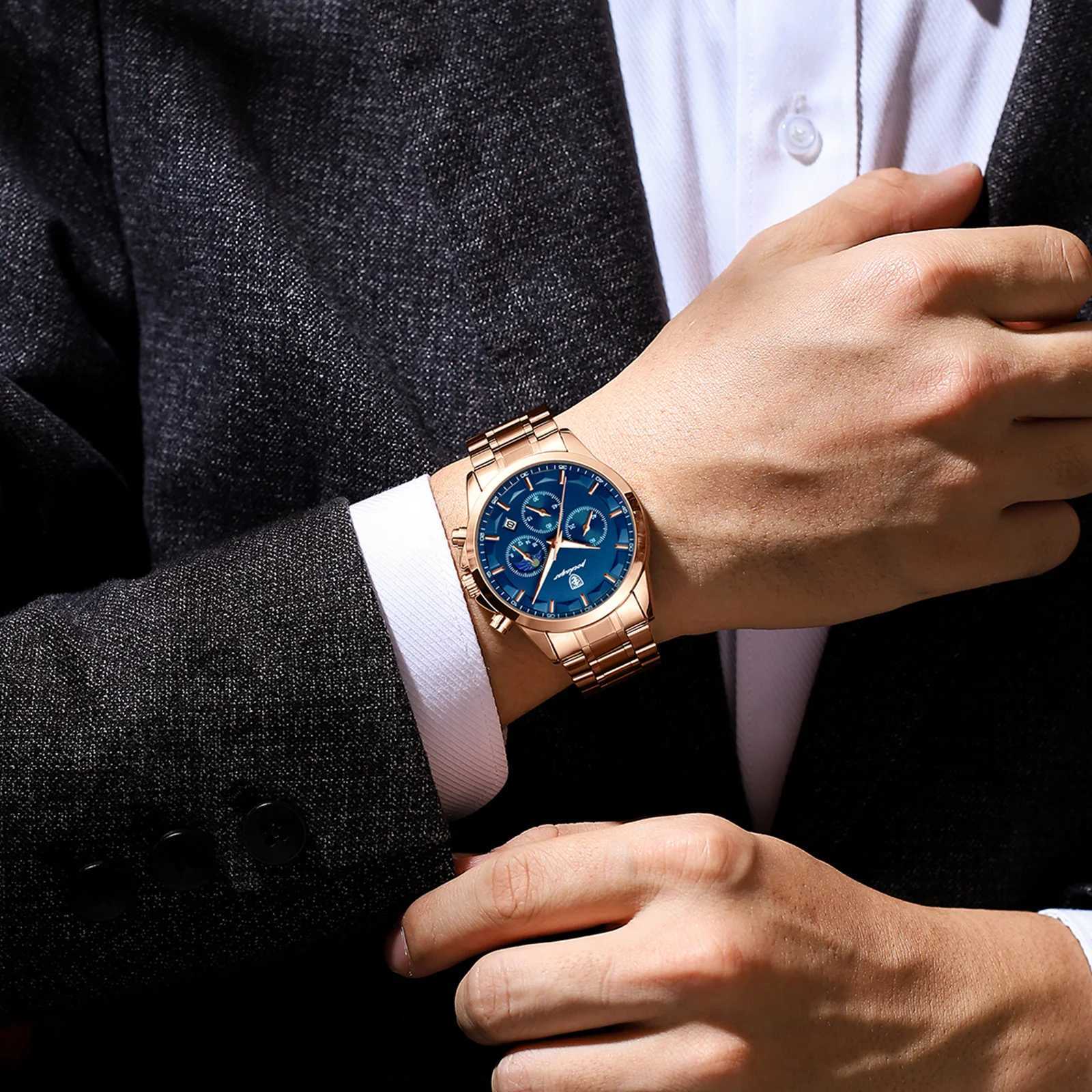 POEDAGAR Luxury Mens Wristwatch Military Waterproof Luminous Chronograph Mens Watch Stainless Steel Mens Quartz Watches + Box Reloj W250724