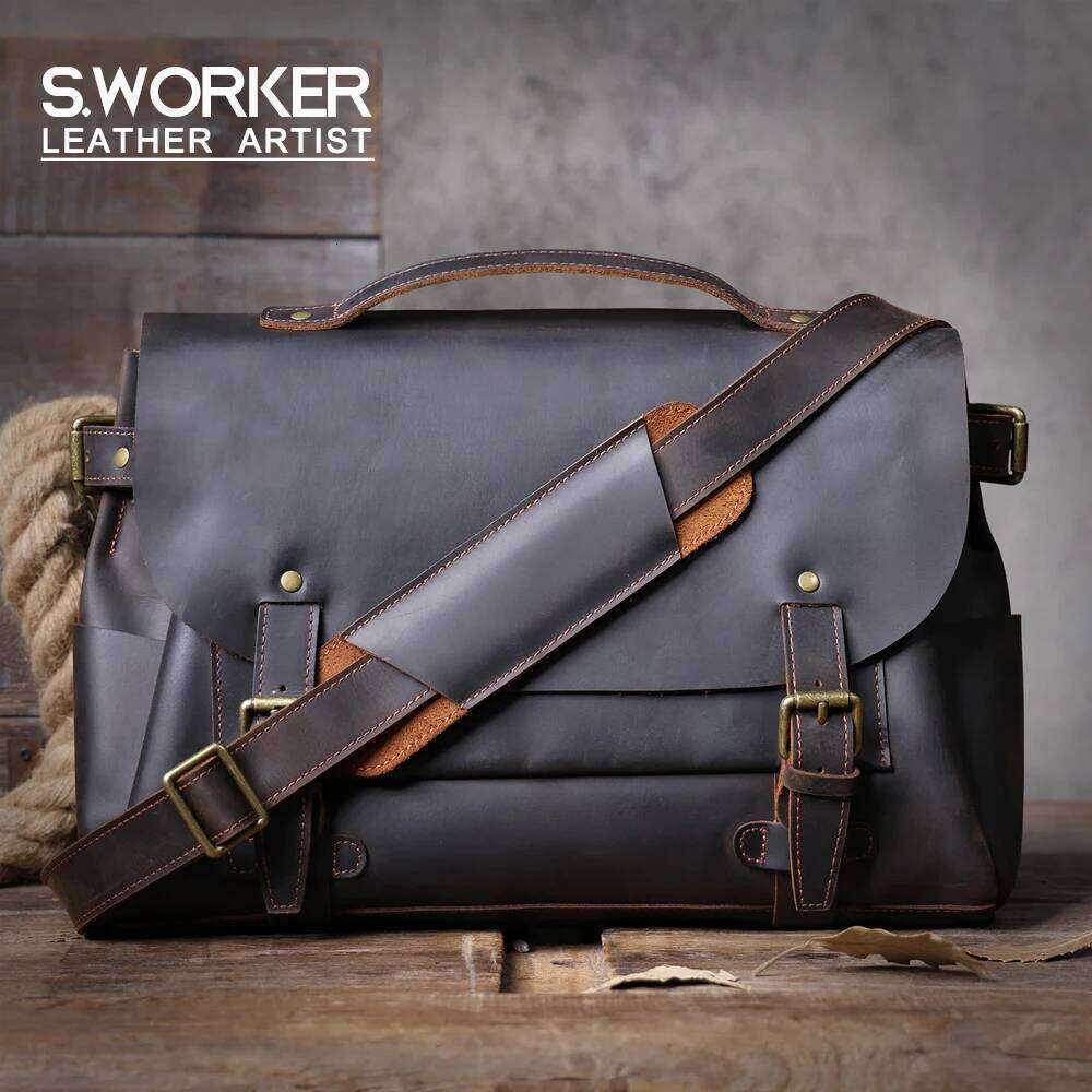 Vintage Genuine Men's Messenger Bag 14" Briefcase Laptop Bags Crazy Horse Leather Handbag Satchel Cowhide Retro Casual