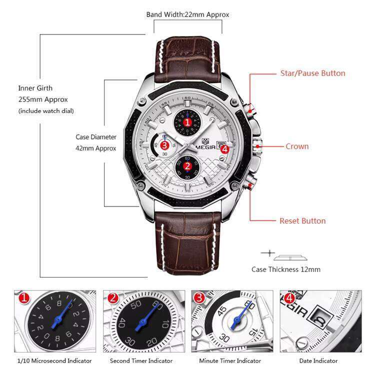 DHgargets MEGIR Men's Sports Watch - Chronograph, Luminous, 30M Waterproof, Leather Strap, Multifunction Wristwatch