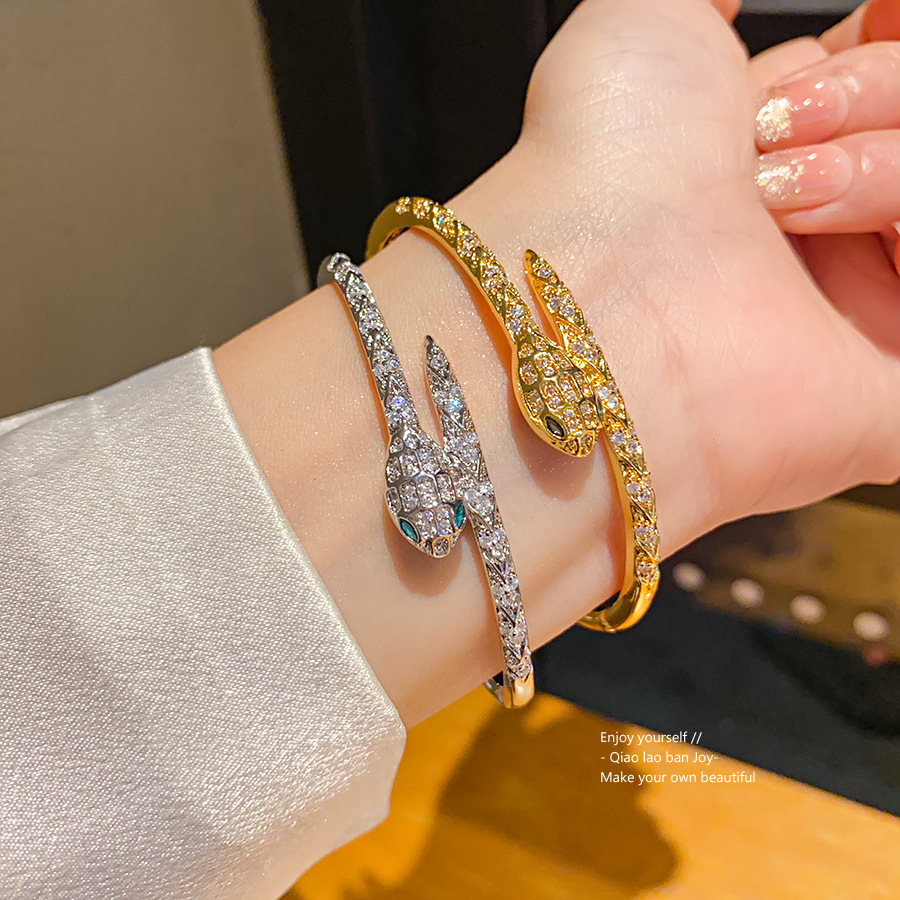 Gold Tone Snake Shaped Bangle Bracelet Pave Crystal Accents Edgy Party Jewelry And Gift For Her High Quality And Stylish Design