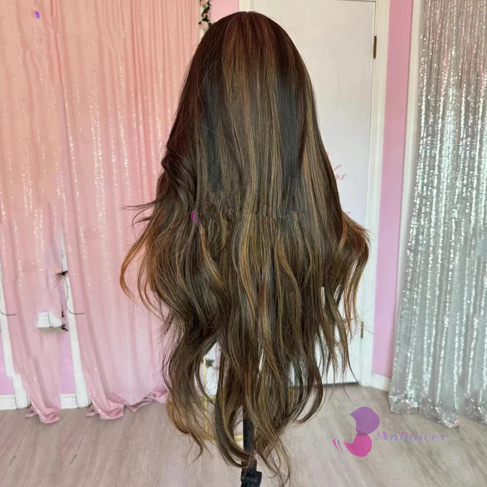 Top Trendy Brown Highlight Body Wave Wig with Bangs Best 180% Density Brazilian Remy 100% Human Hair Wigs With Bangs Natural