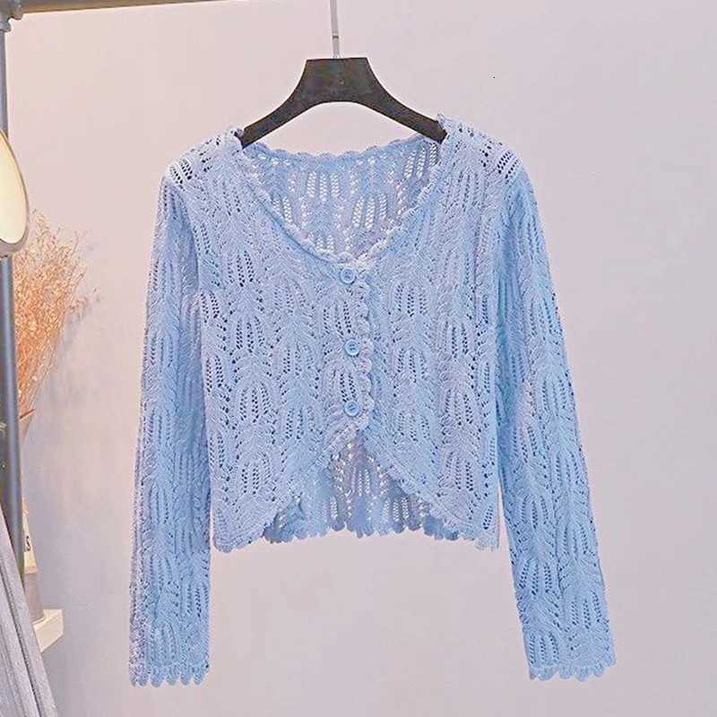 2025 New Summer Hollow Out Knitted Sweater Cardigan Ice Silk Thin Short Shawl Top Womens Long Sleeve V-neck Sunscreen Jacket X250724