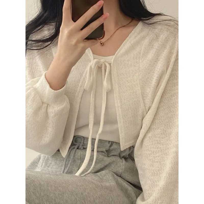 Dptown Lace Up White Cardigan V Neck Knitwear Lantern Sleeve Womens Sweater Korean Fashion Spring Knit Oversize Wear To Work X250724