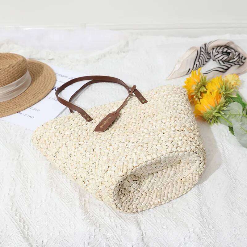 Women's shoulder corn husk straw versatile hand woven portable vegetable basket bag Holiday Beach Bag