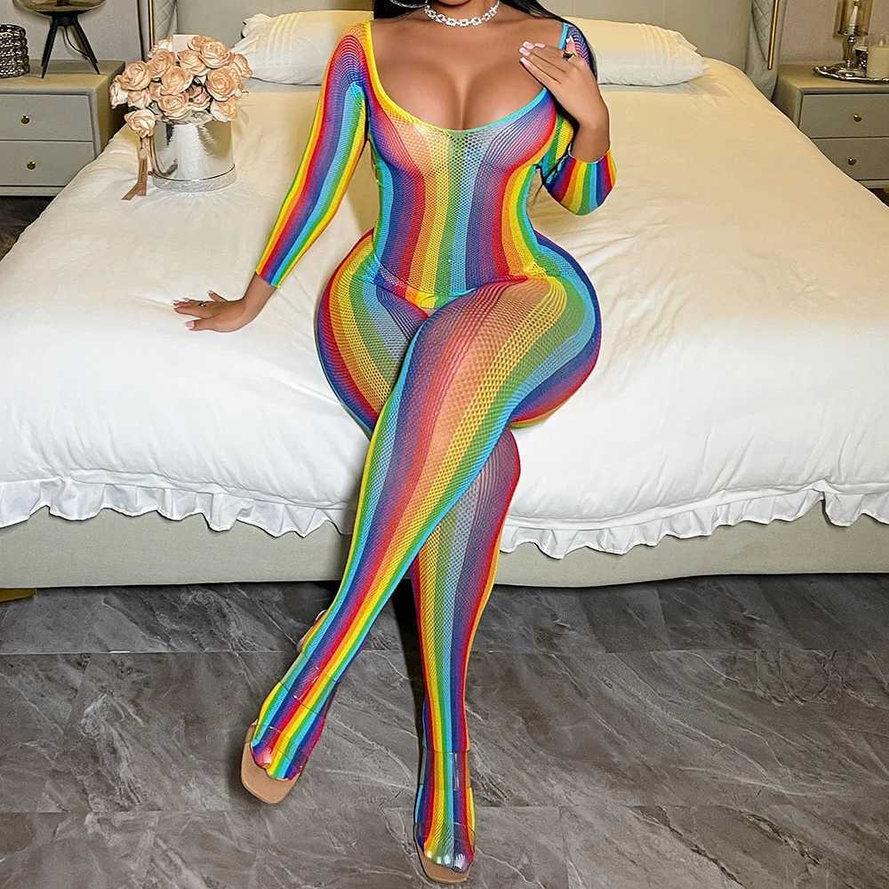 Rainbow Sexy Lingerie for Women Erotic Babydoll Full Bodystocking Underwear Costumes Sleepwear Nightwear Crotchless Bodysuit W250724
