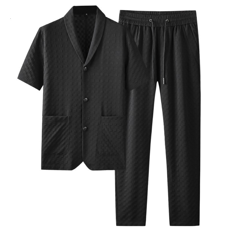 High-end Quality Summer Short Sleeve Suit Casual Set Mens Fashion Plaid Jacquard Stretch Two-piece Set Stylish