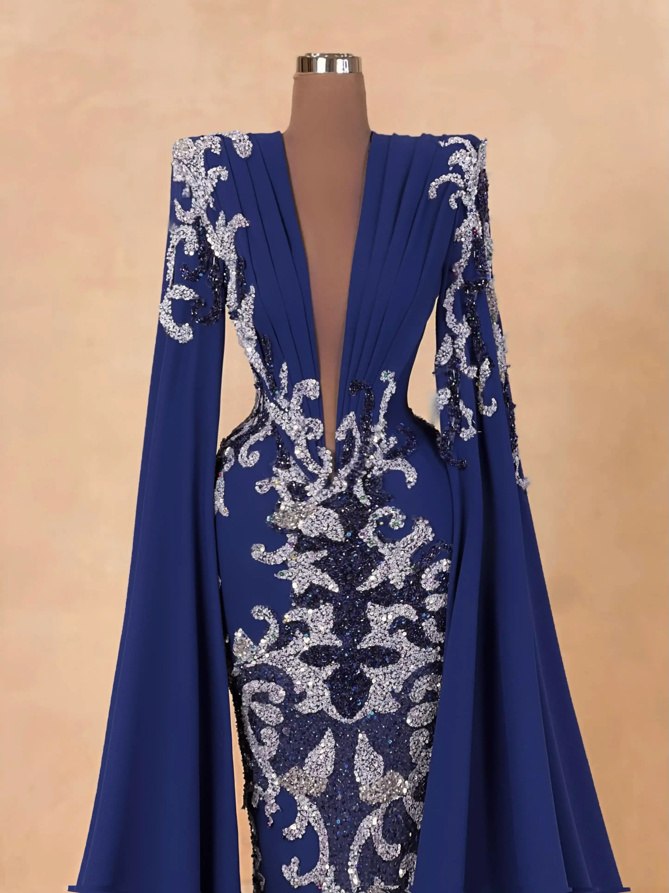 Blue Mermaid Prom Dress Sequined Lace Crystals Deep V Neck Evening Formal Party Second Reception Birthday Customized