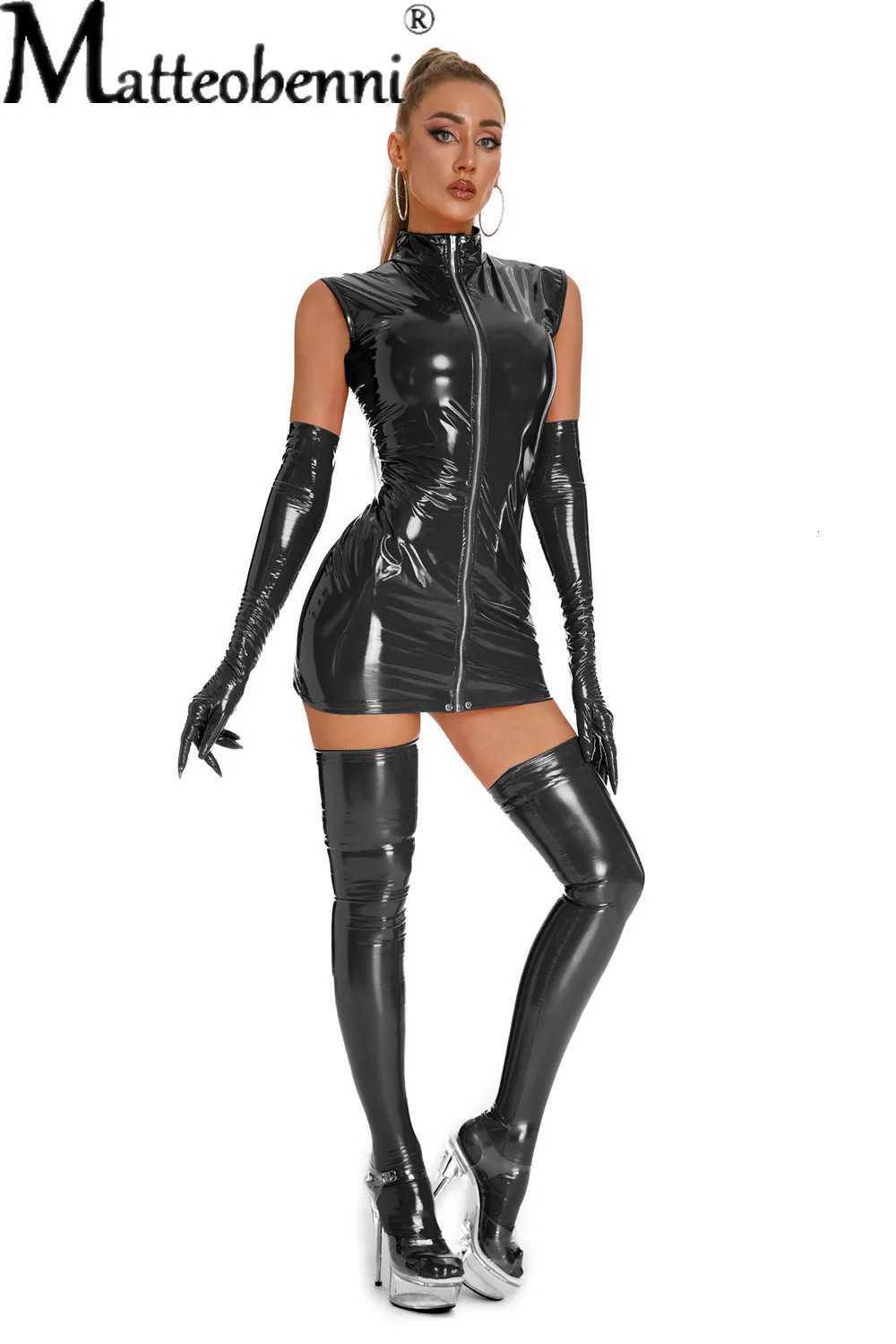 PU Leather Dress With Gloves Stockings Punk Gothic Sexy Bodycon Mini Lingerie Dress Latex Catsuit Women Club Party Outfits W250724