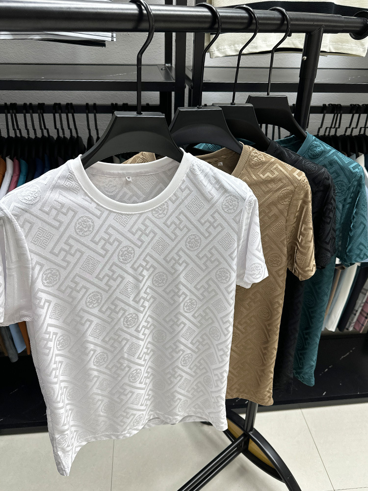 Men's T Shirts High End Brand Fashion Printed Short Sleeve T-shirt Men Summer Ice Silk Plaid Round Neck Casual Breathable Top
