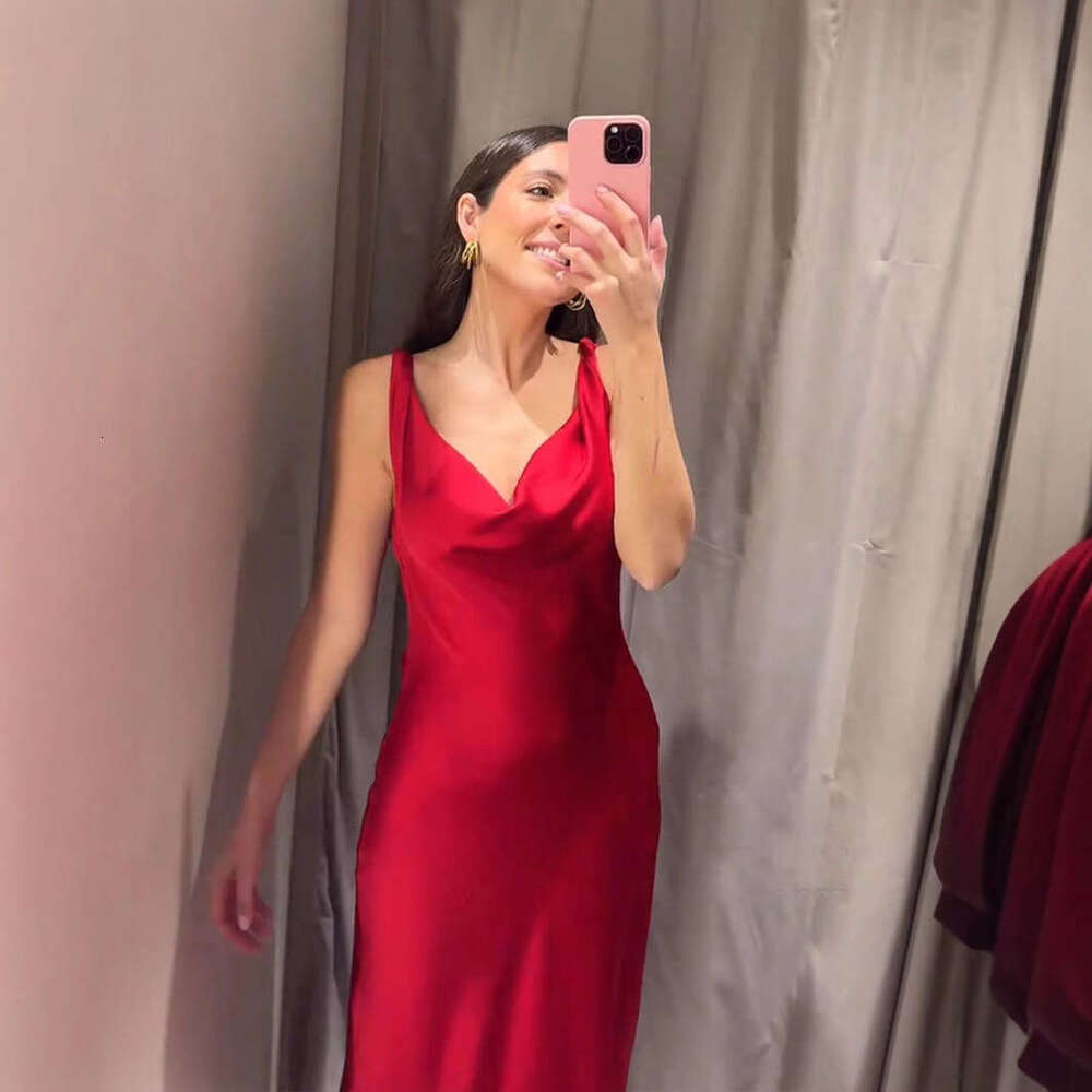 TRAFZA Spring Summer Fashion Women's New Style Swing Collar Silk Satin Texture Backless Long Dress B5