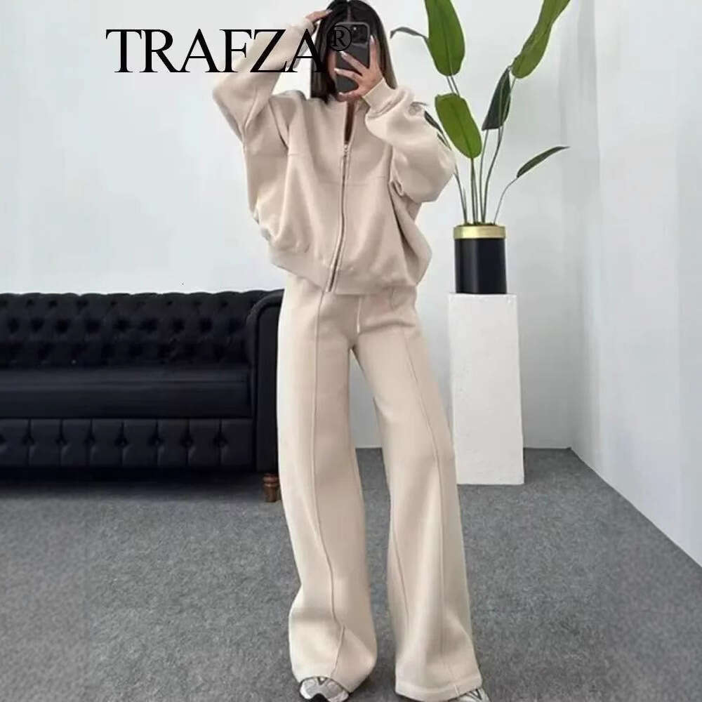TRAFZA Women's INS Zipper Bomber Jacket Sweatshirt Elastic Waist Pants Set B5
