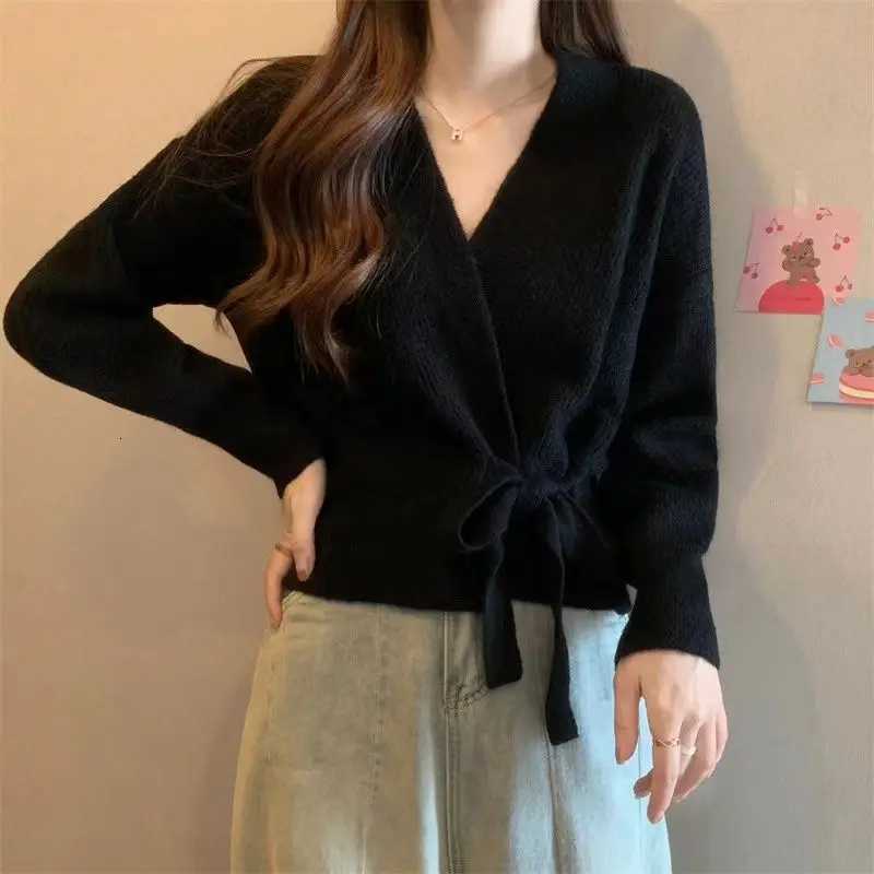 Cross-shaped irregular strap waist slimming sweater cardigan for women in autumn and winter chic lantern sleeve loose knit sweater X250724