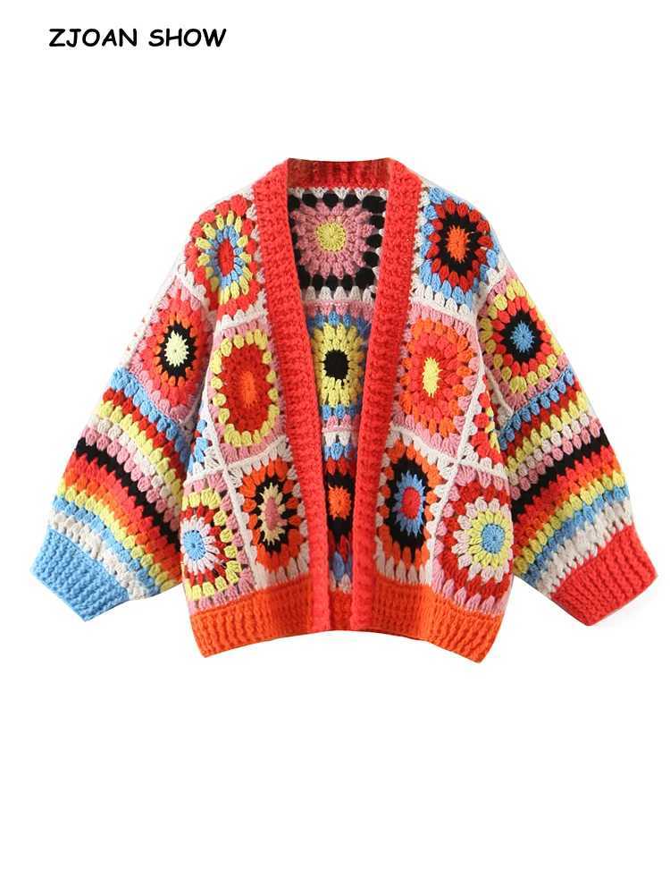 Boho Geometric Plaid Handmade Crochet Cardigan for Women V Neck Long Sleeve Sweater Open Stitching Knitwear Holiday Jumper X250724