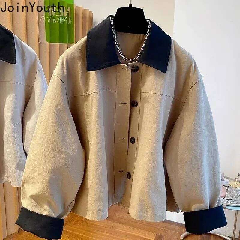 Korean Clothing Fashion Jackets for Women's Contrast Color Turndown Collar Vintage Outwear Casual Oversized Coats Tops Female