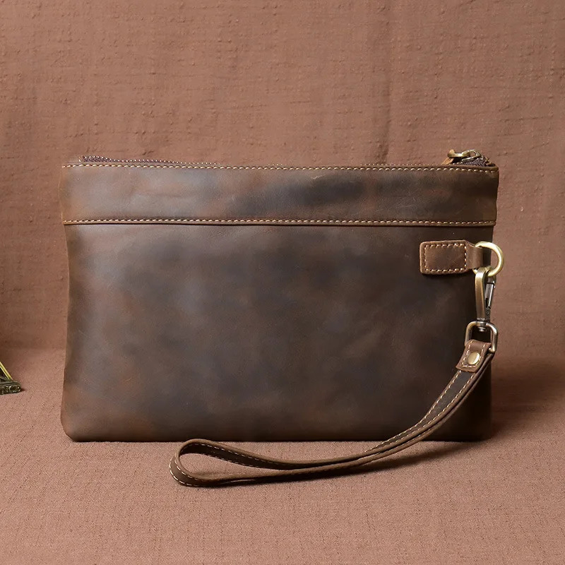 Vintage Crazy Horse Leather Mens Clutch with Large Capacity 250723