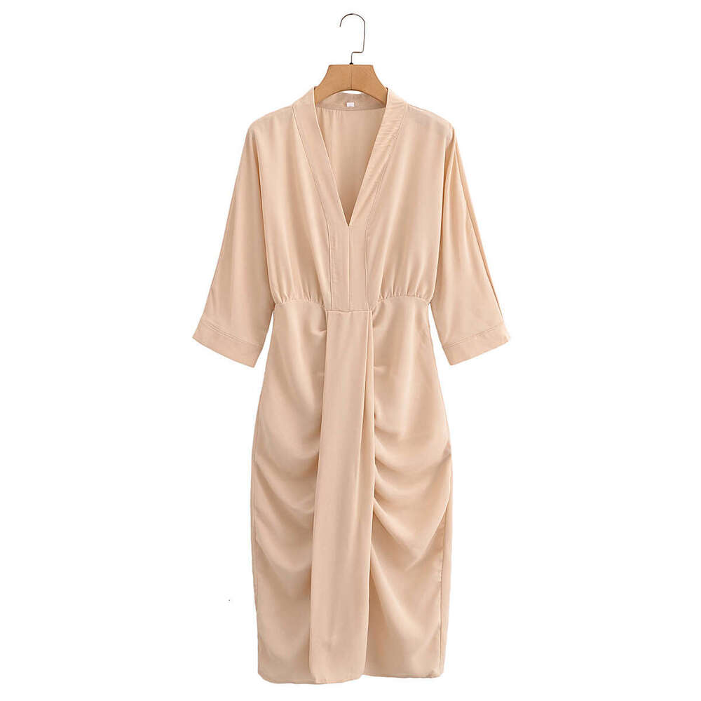 TRAFZA Spring New V-Neck Slim Pleated Dress B5