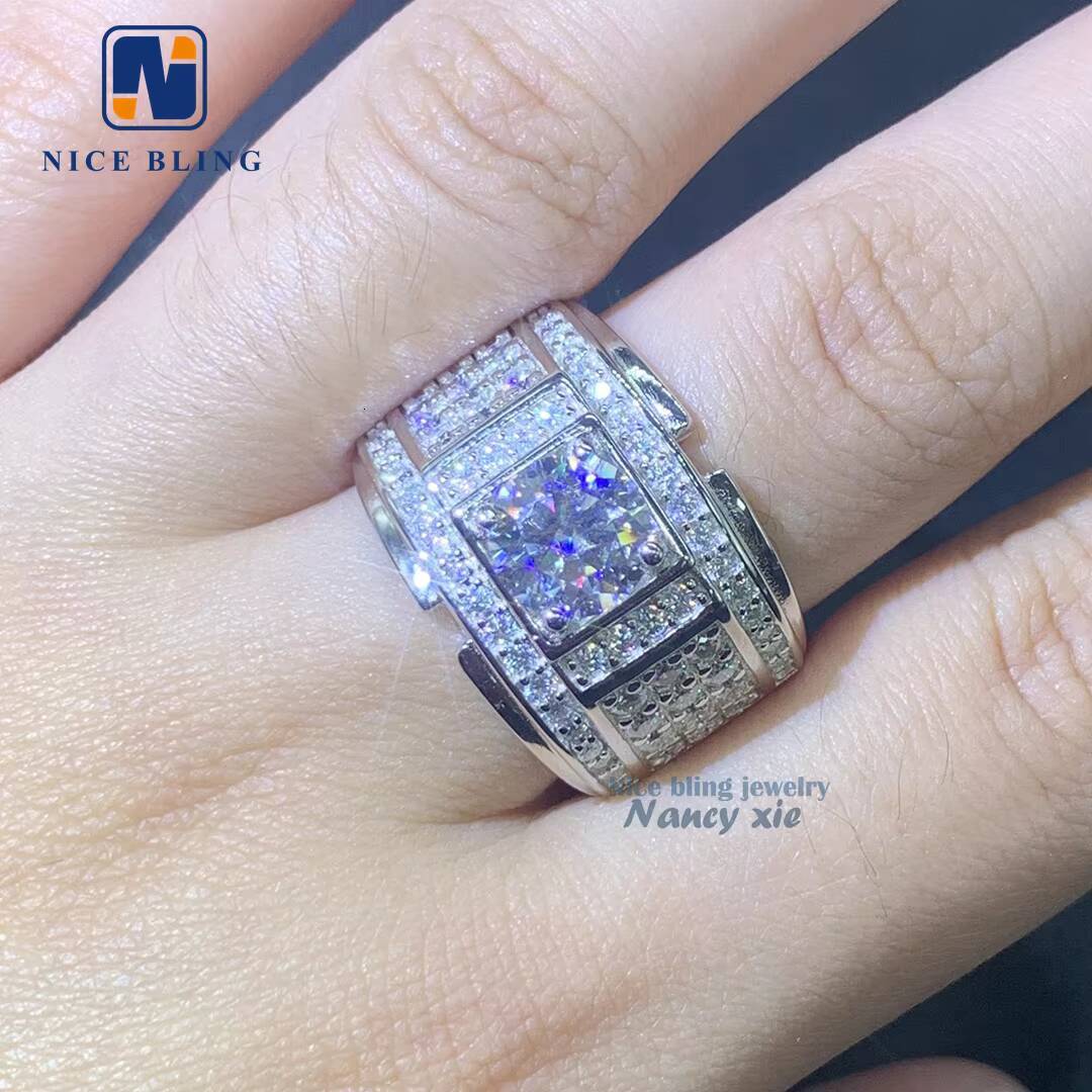 Iced Out Moissanite Jewelry Men Ring Vvs Big Main Moissanite Diamond 925 Silver Cuban Designer Hip Hop Rings