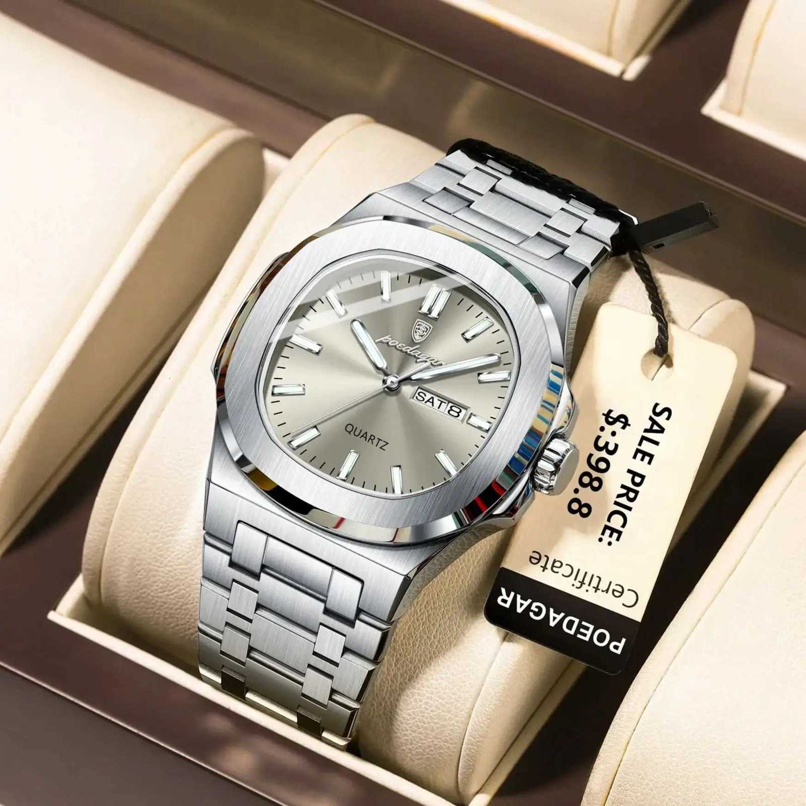POEDAGAR Trendy Casual Wristwatch For Men Week Date Stainless Steel Man Watch Luminous Waterproof Luxury Quartz Men Watches + Box W250724