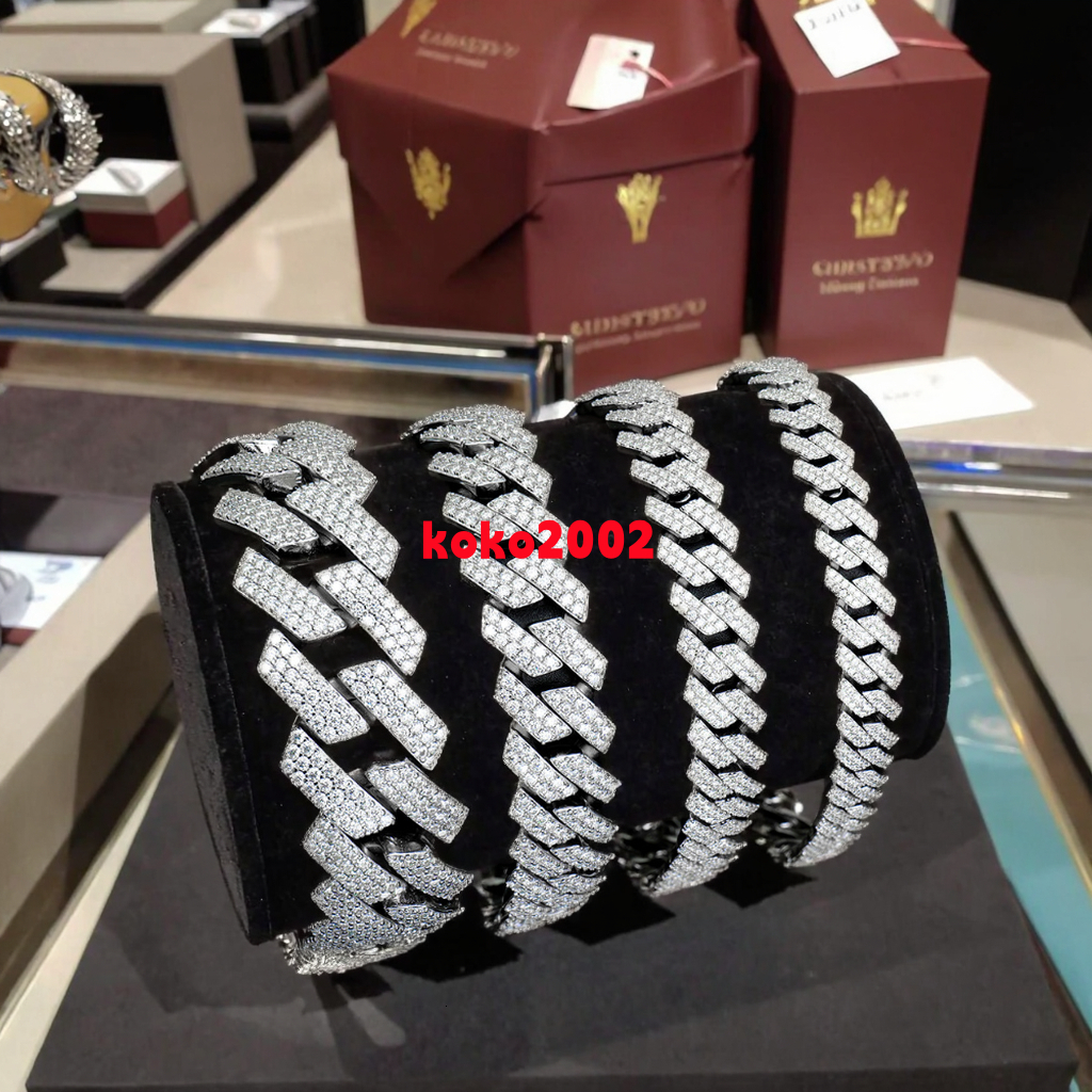8/10/12/14mm S925 Sterling Silver Hip Hop Diamond Link Bracelets Sparkling Real Full Moissanite Cuban Chain Bracelet