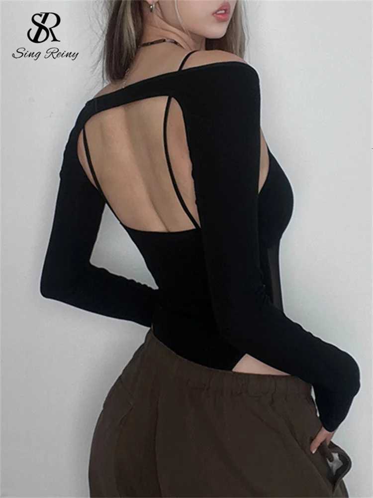 SINGREINY Sexuality Gauze Spliced Skinny Rompers Fashion Long Sleeve Female Bodysuits Ladies Streetwear Sheer Backless Playsuits W250724