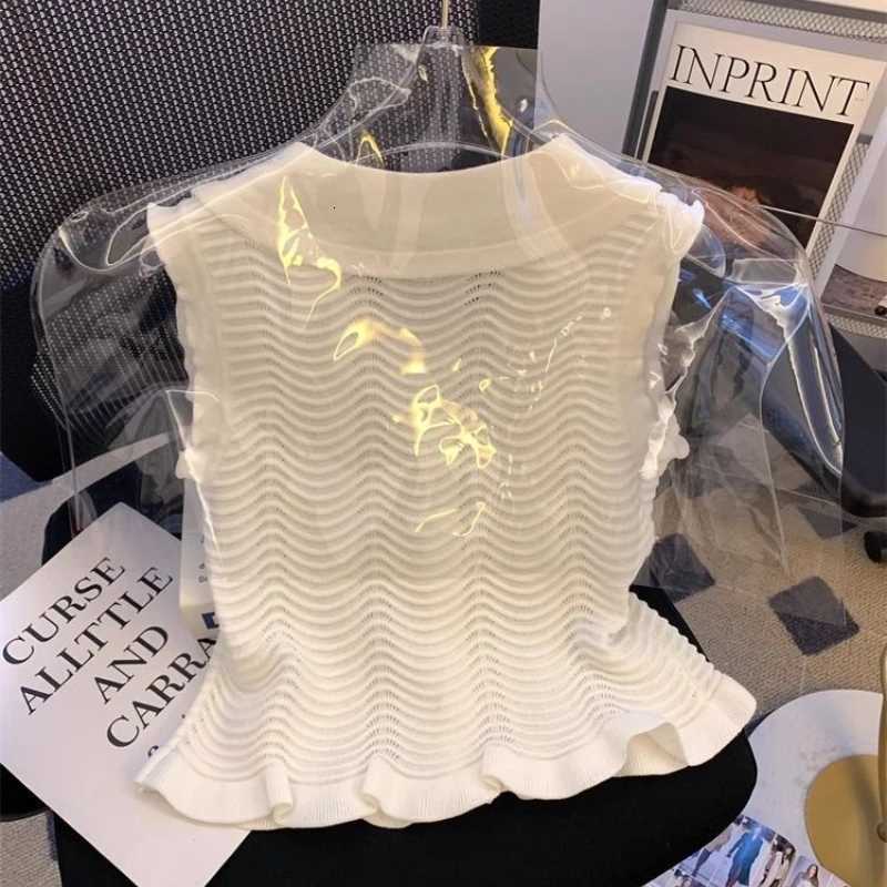 Bow Knitted Vest for Women Summer Love Button Doll Collar Black Ears Flying Sleeves Ice Silk Top X250724