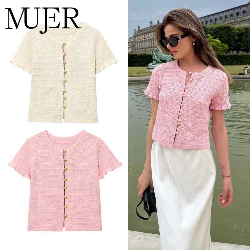 MUJER Knit Tops Woman 2025 Knitted Cropped Cardigan Women Short Sleeve Knitwears Women Tops Casual Cardigans for Women X250724