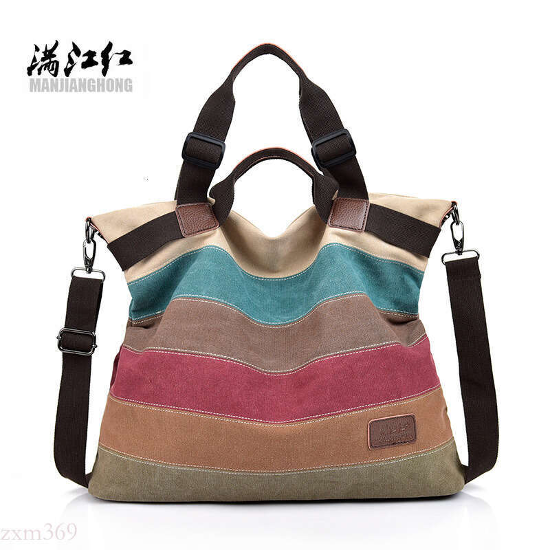 2024 New Canvas Handbag Women Rainbow Stitching Large Capacity Crossbody Shoulder Bag