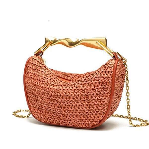 Leather Bag Bucket Bag Tote Bag Home Metal Gold Handle Mini For Women New Straw Single Shoulder Crossbody Zipper Woven Bag