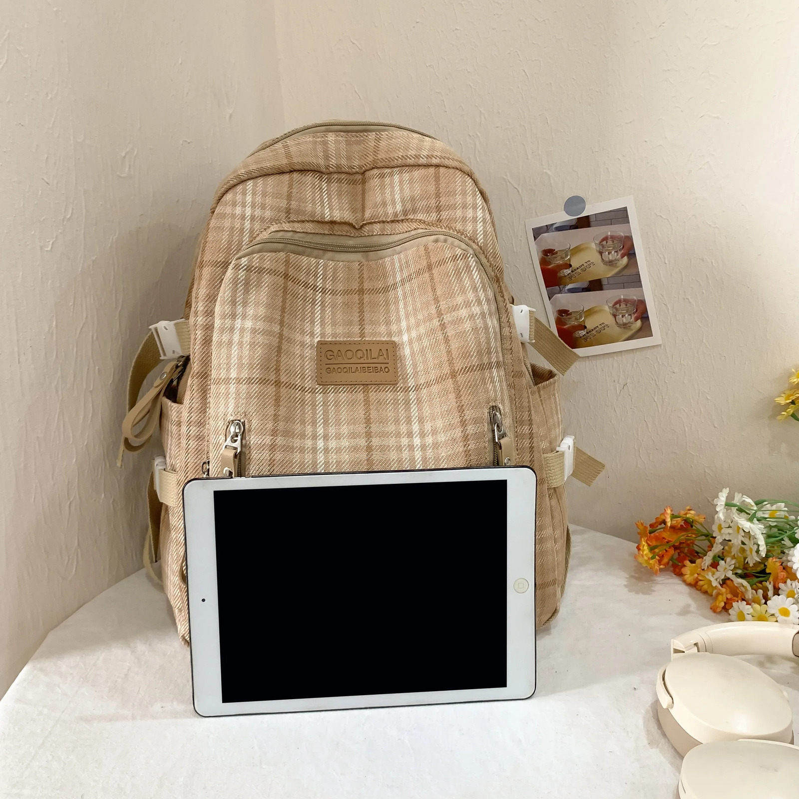 Casual Backpack Trendy Cotton and Linen Checkered School Bag GoodLookingL argeCapacityLi ghtweightBa ckpackfo rJu niorHi ghSc hoolan dCo llegeSt ude 2