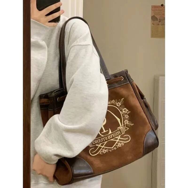 JIAERDI Retro Flower Letter Print Beige Shoulder Bags Women Crown Embroidered Large Capacity Tote Bag Female Vintage Y2k Handbag high-quality