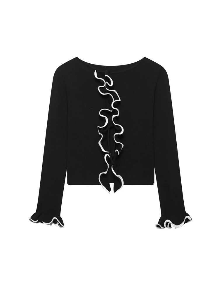 TRZA Womens Fashion Ruffle Cropped Knit Cardigan Sweater Long Sleeve Front Bow Tied Chic Outerwear Top X250724