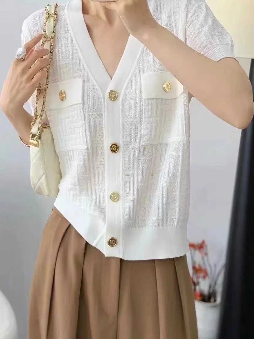 Stylish V-neck Sweater Cardigan Women Summer Jacquard Knit Single-breasted Short Sleeve Tops Knitwear Elegant Fashion Chic Jumpsuit X250724