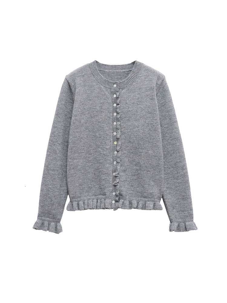 TRZA Womens Ruffled Knit Cardigan Sweater O-Neck Long Sleeve Button-Up Chic Outerwear Fashion Top X250724