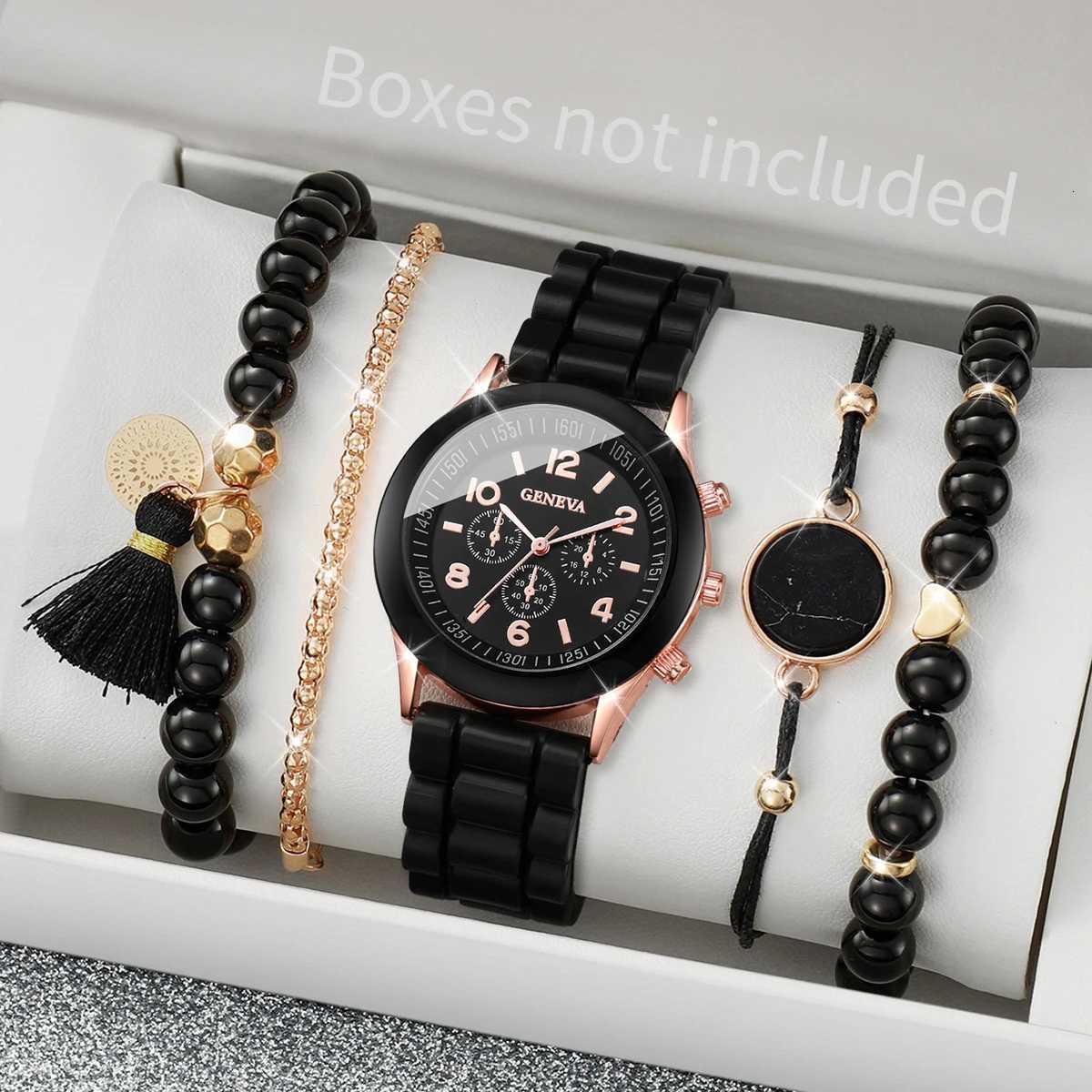 5pcs/set Women Silicone Band Quartz Watch and Beads Tassels Bracelet Set W250724