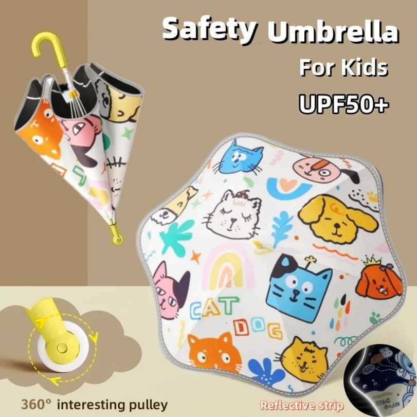 Safety Kids Umbrella With Reflective Strip Cute Rounded Corner Umbrellas With Funny Wheel UPF50+ Anti-UV Sun Rain Parasol R250724