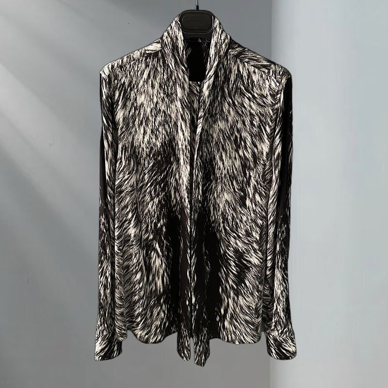 Ladies Silk Blend Leopard Print Shirt Designer Tie-Neck Blouses Runway Oversized Fit Y2K Stylish Clothing S0754