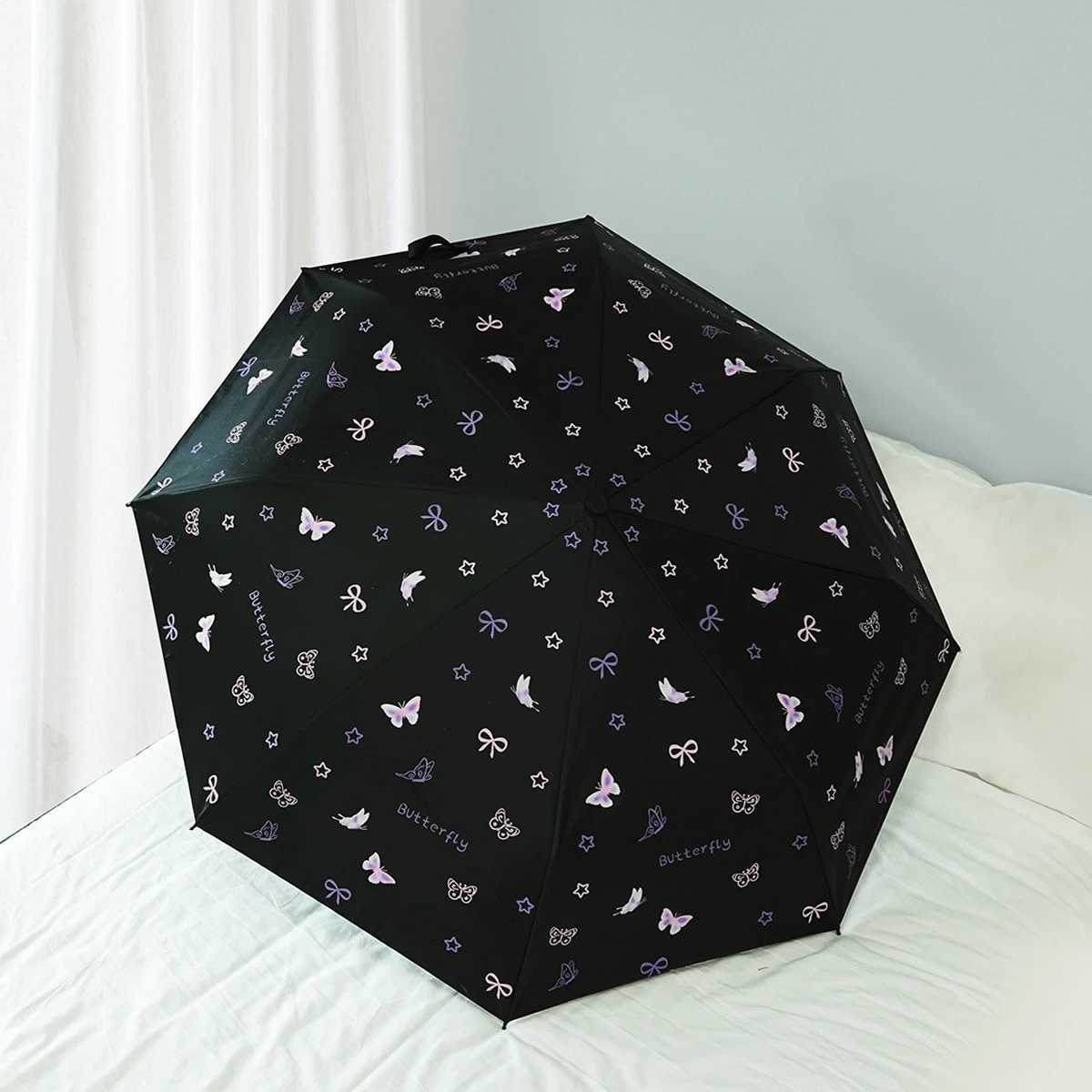 Automatic opening and closing umbrella for women cute butterfly folding umbrella windproof black coating UV resistant sunshade R250724