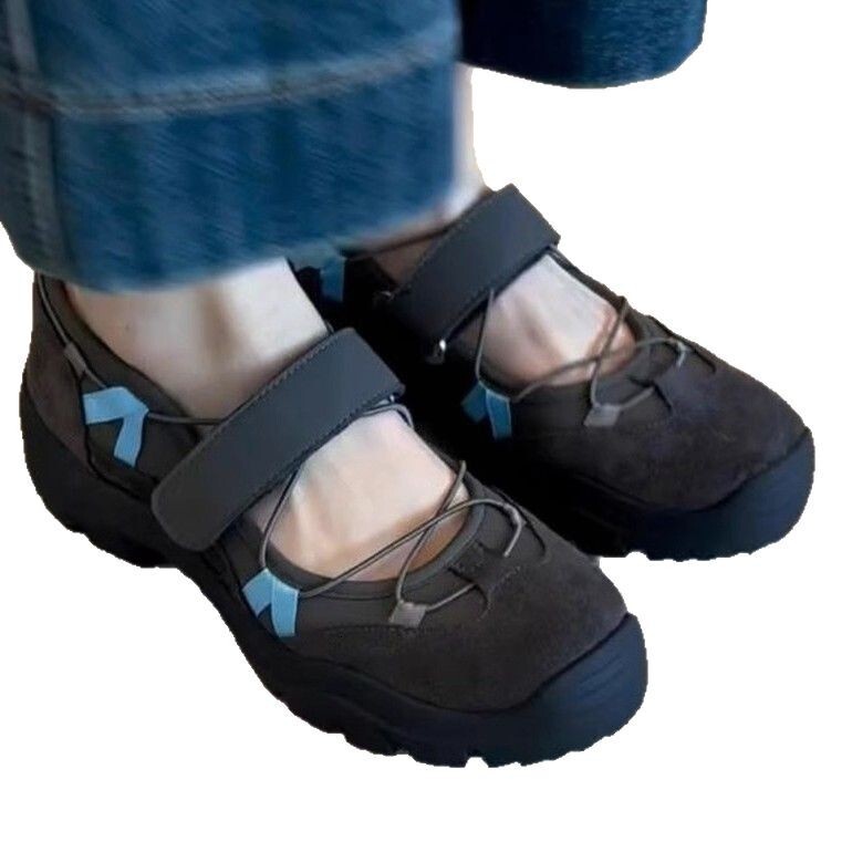 Cowhide Version ~ Thick-Soled Color-Block Sports Velcro Mary Jane for Women Genuine Leather Versatile Functional Style Single Shoes ddmythur