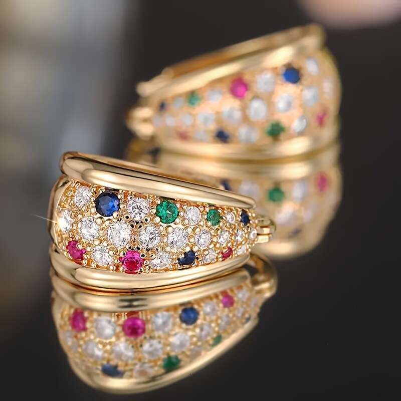 Colorful Zircon Earrings for Women, Elegant Niche High-end Hoop Earrings, Brass Gold-plated Fashion Simple Ear Jewelry