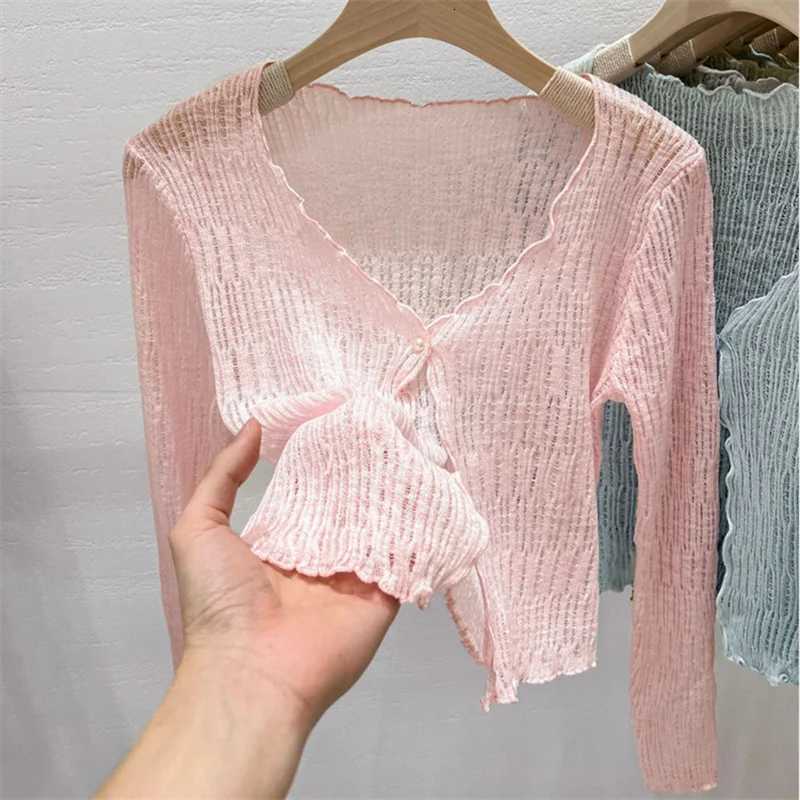 Summer Women Thin Sunscreen Cover Up Cardigan Lace-up Knitwear Tops Female Korean Long Sleeve Short Coat Casual Sun Protected X250724