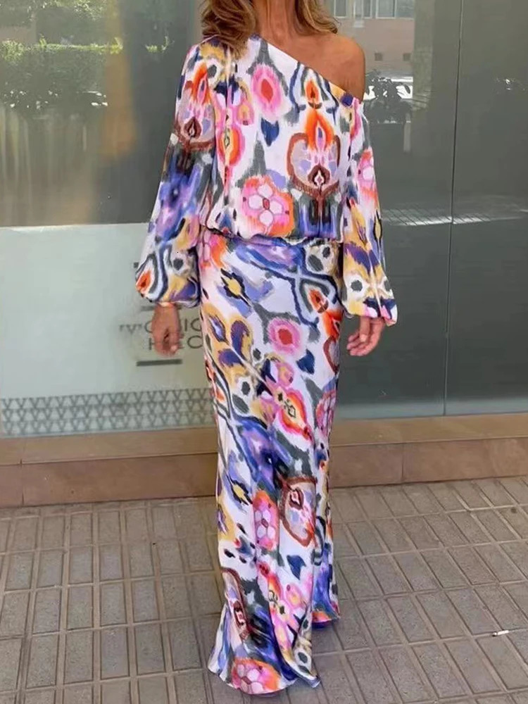 Autumn Casual Loose Print Two-piece Women Off Shoulder T-shirt Asymmetrical Long Sleeved Top And Half Body Fishtail Skirt Set 250724